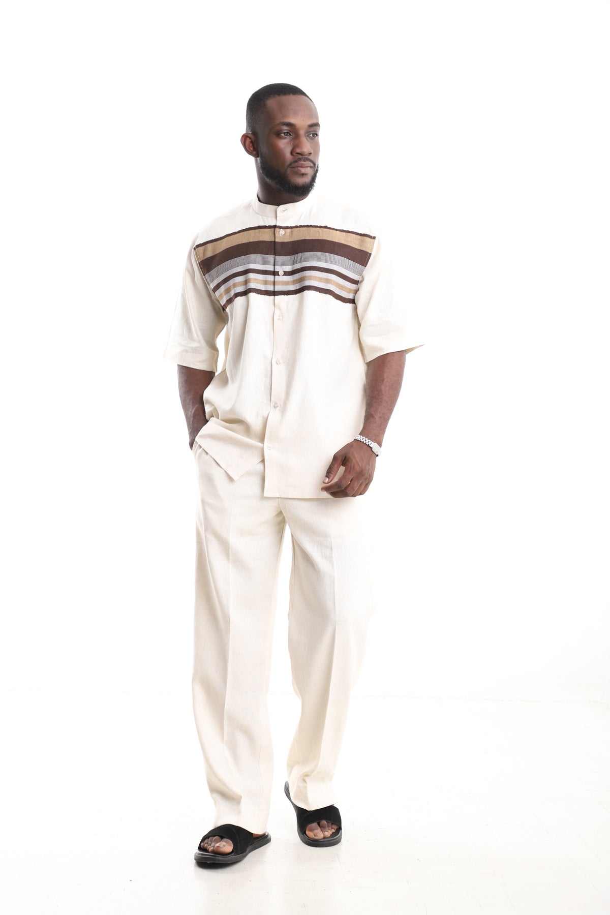King Kaftan Striped Yoke Cream Off-White Linen Two-Piece Set – Front View – African men's fashion Nigeria