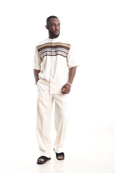 King Kaftan Striped Yoke Cream Off-White Linen Two-Piece Set – Front View – African men's fashion Nigeria