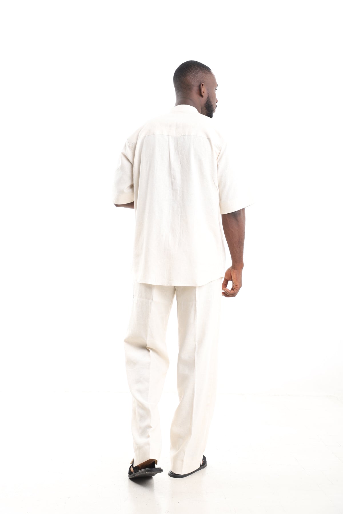 King Kaftan Striped Yoke Cream Off-White Linen Two-Piece Set – Back View – African men's fashion Nigeria