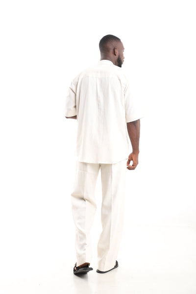 King Kaftan Striped Yoke Cream Off-White Linen Two-Piece Set – Back View – African men's fashion Nigeria