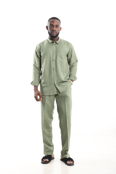 King Kaftan Sage Green Long-Sleeve Linen Two-Piece Set – Front View – African men's fashion Nigeria