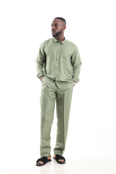 King Kaftan Sage Green Long-Sleeve Linen Two-Piece Set – Front View – African men's fashion Nigeria