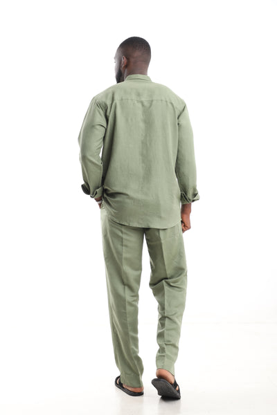 King Kaftan Sage Green Long-Sleeve Linen Two-Piece Set – Back View – African men's fashion Nigeria