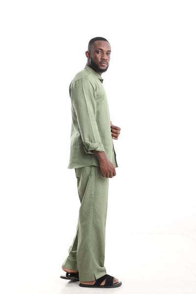 King Kaftan Sage Green Long-Sleeve Linen Two-Piece Set – Side View – African men's fashion Nigeria