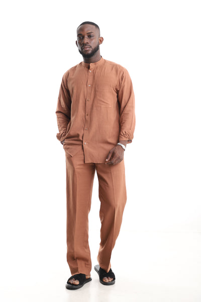 King Kaftan Terracotta Mandarin Collar Linen Two-Piece Set – Front View – African men's fashion Nigeria