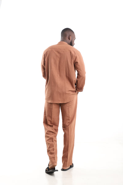 ing Kaftan Terracotta Mandarin Collar Linen Two-Piece Set – Back View – African men's fashion Nigeria
