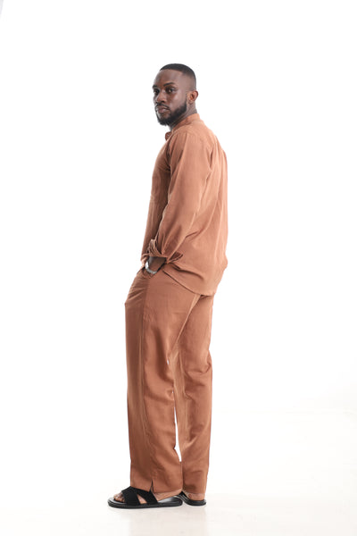 King Kaftan Terracotta Mandarin Collar Linen Two-Piece Set – Side View – African men's fashion Nigeria