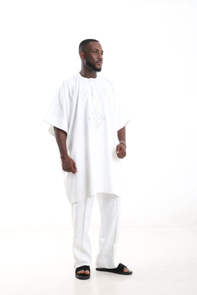 King Kaftan Ivory Embroidered Polished Cotton Traditional Danshiki Set – Side View – African men's fashion Nigeria
