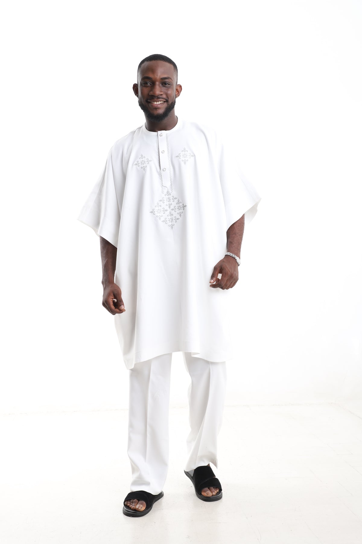 King Kaftan Ivory Embroidered Polished Cotton Traditional Danshiki Set – Front View – African men's fashion Nigeria