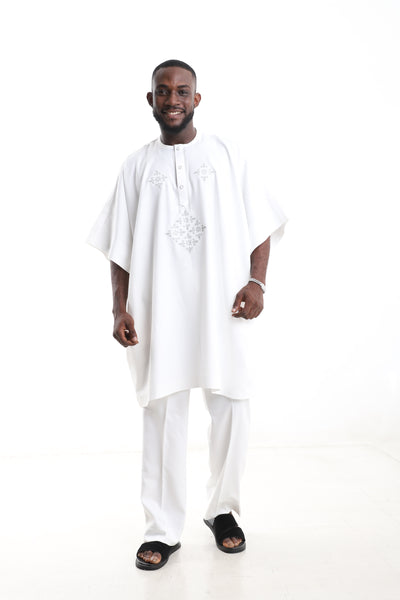 King Kaftan Ivory Embroidered Polished Cotton Traditional Danshiki Set – Front View – African men's fashion Nigeria
