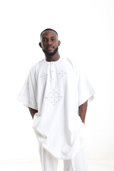King Kaftan Ivory Embroidered Polished Cotton Traditional Danshiki Set – Detail View – African men's fashion Nigeria