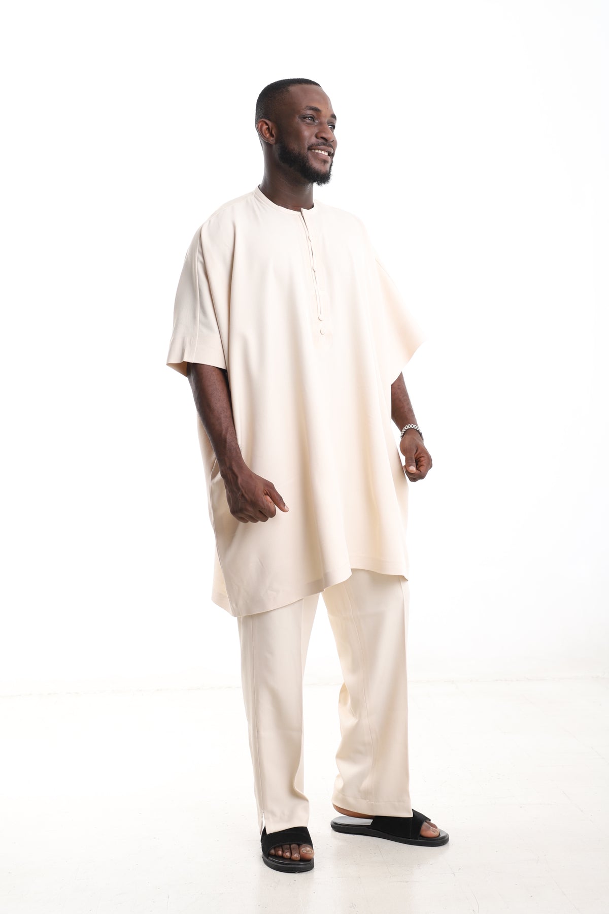 King Kaftan Cream Wool-Blend Traditional Danshiki Set – Side View – African men's fashion Nigeria
