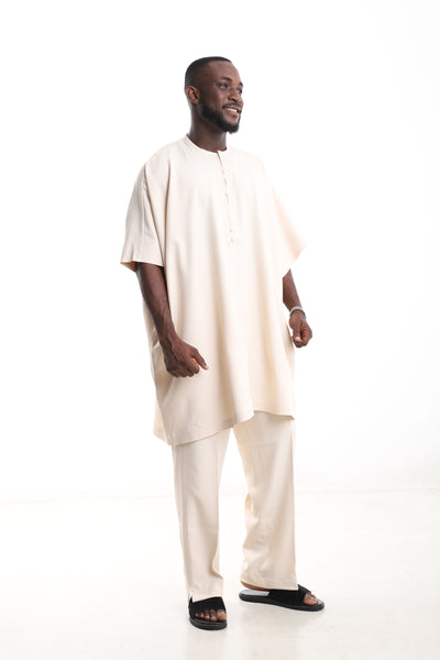 King Kaftan Cream Wool-Blend Traditional Danshiki Set – Side View – African men's fashion Nigeria