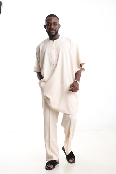 King Kaftan Cream Wool-Blend Traditional Danshiki Set – Front View – African men's fashion Nigeria