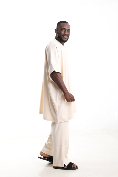 Kaftan Cream Wool-Blend Traditional Danshiki Set – Side View – African men's fashion Nigeria