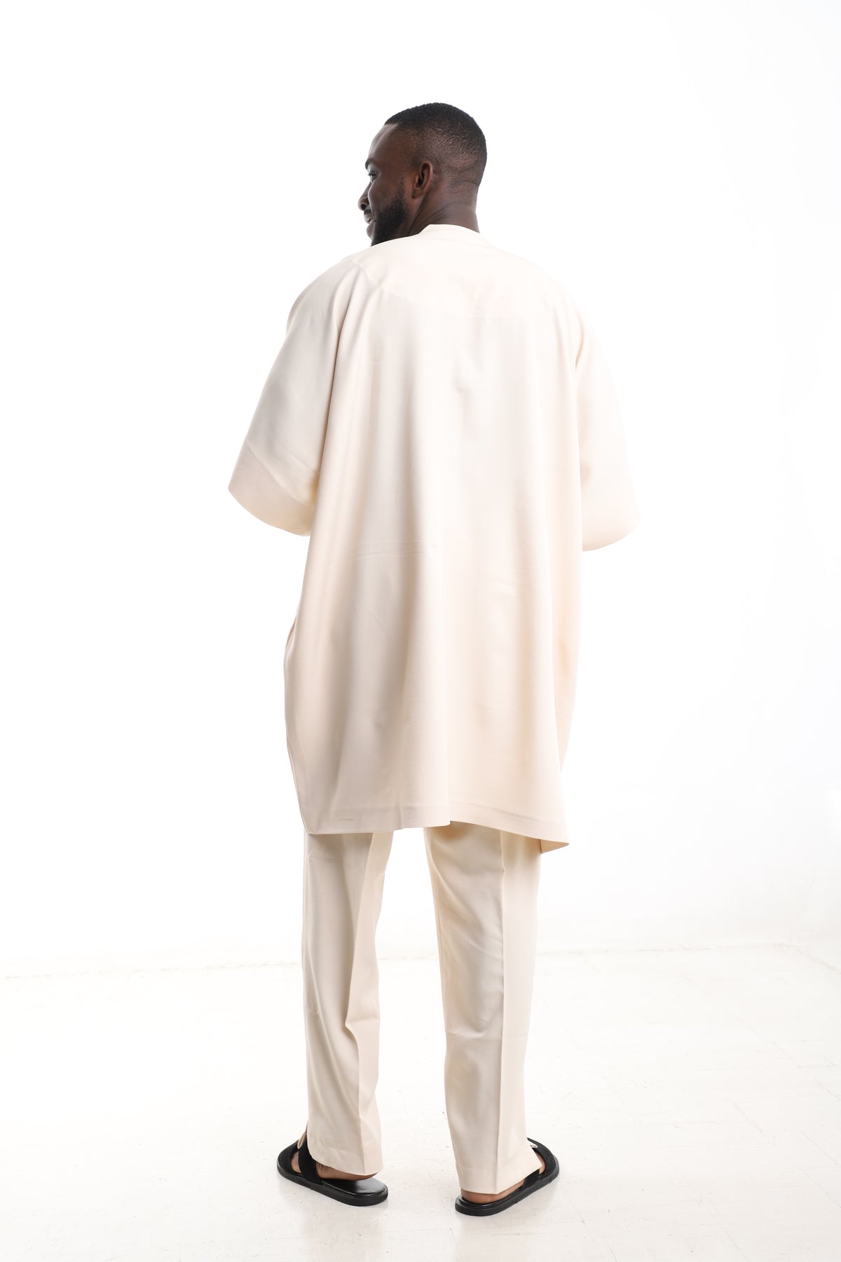 King Kaftan Cream Wool-Blend Traditional Danshiki Set – Back View – African men's fashion Nigeria