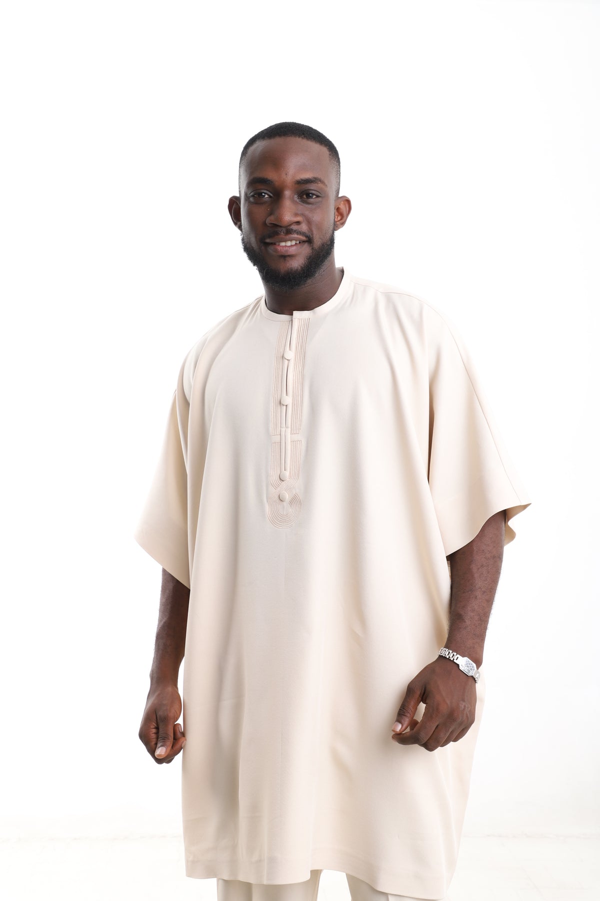King Kaftan Cream Wool-Blend Traditional Danshiki Set – Detail View – African men's fashion Nigeria