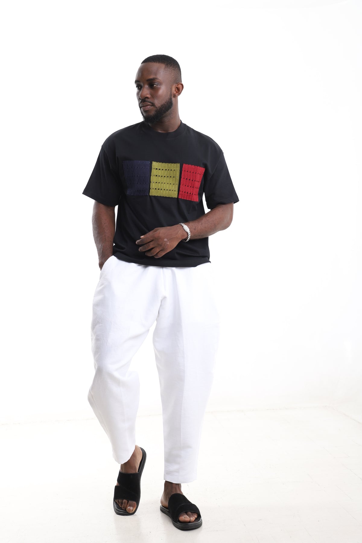 King Kaftan Block Patchwork T-Shirt and White Linen Pants Set – Detail View – African men's fashion Nigeria