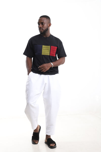 King Kaftan Block Patchwork T-Shirt and White Linen Pants Set – Detail View – African men's fashion Nigeria