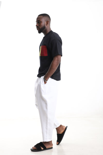 King Kaftan Block Patchwork T-Shirt and White Linen Pants Set – Side View – African men's fashion Nigeria
