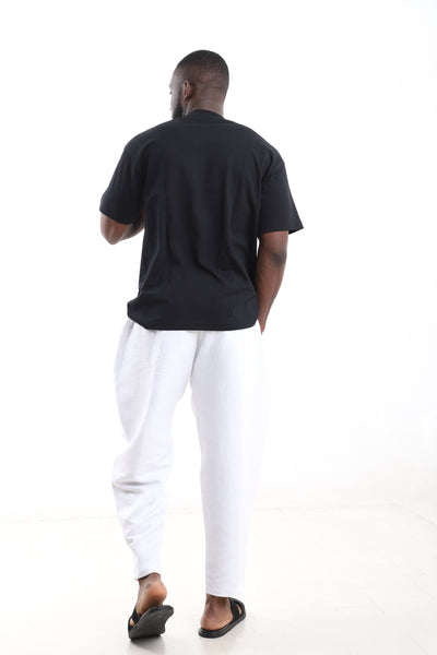 King Kaftan Block Patchwork T-Shirt and White Linen Pants Set – Back View – African men's fashion Nigeria