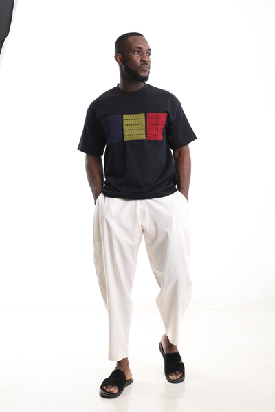 King Kaftan Block Patchwork T-Shirt and Cream Linen Pants Set – Front View – African men's fashion Nigeria