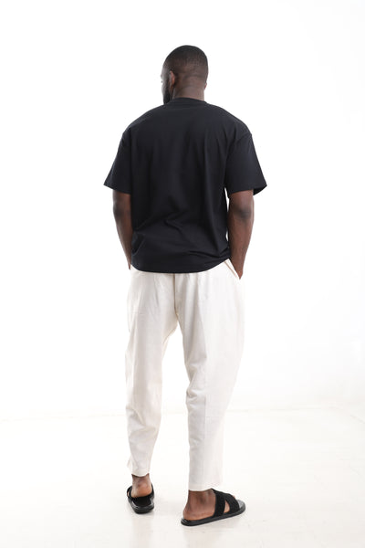 King Kaftan Block Patchwork T-Shirt and Cream Linen Pants Set – Back View – African men's fashion Nigeria