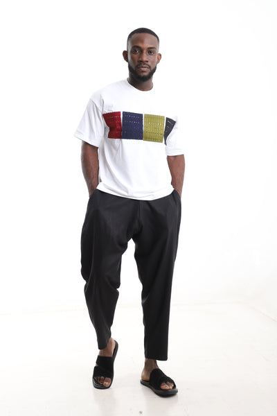 King Kaftan Block Patchwork T-Shirt and Black Linen Pants Set – Front View – African men's fashion Nigeria