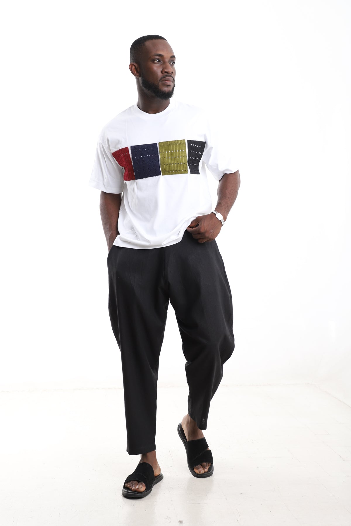 King Kaftan Block Patchwork T-Shirt and Black Linen Pants Set – Detail View – African men's fashion Nigeria