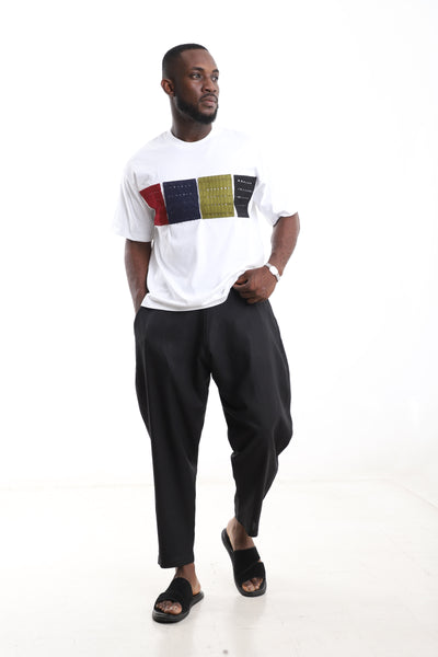 King Kaftan Block Patchwork T-Shirt and Black Linen Pants Set – Detail View – African men's fashion Nigeria