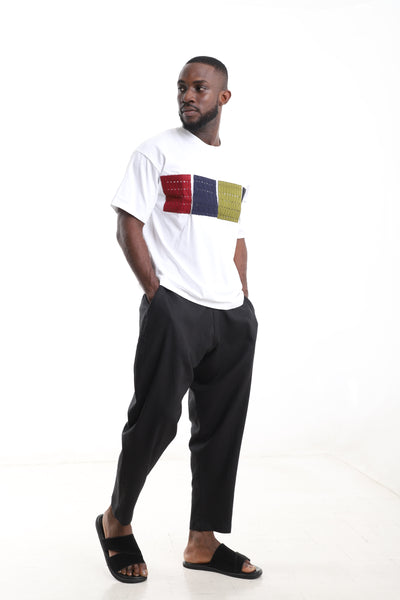 Kaftan Block Patchwork T-Shirt and Black Linen Pants Set – Side View – African men's fashion Nigeria