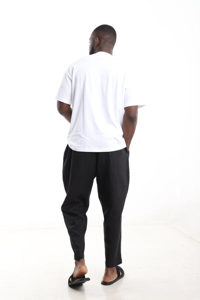 King Kaftan Block Patchwork T-Shirt and Black Linen Pants Set – Back View – African men's fashion Nigeria