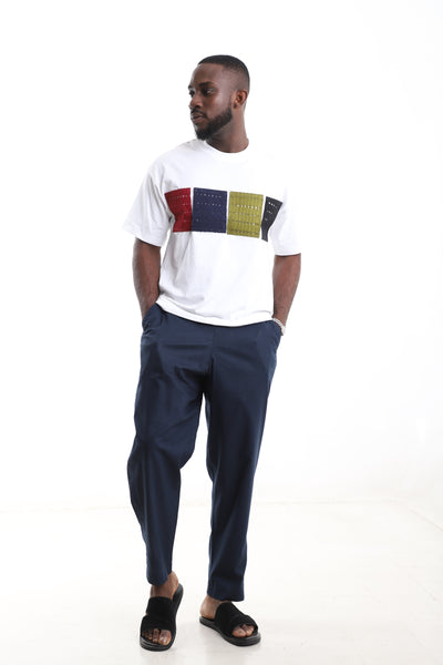 King Kaftan Block Patchwork T-Shirt and Navy Blue Linen Pants Set – Front View – African men's fashion Nigeria