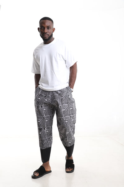 King Kaftan Geometric Print Adire Cotton Pants and T-Shirt Set – Front View – African men's fashion Nigeria