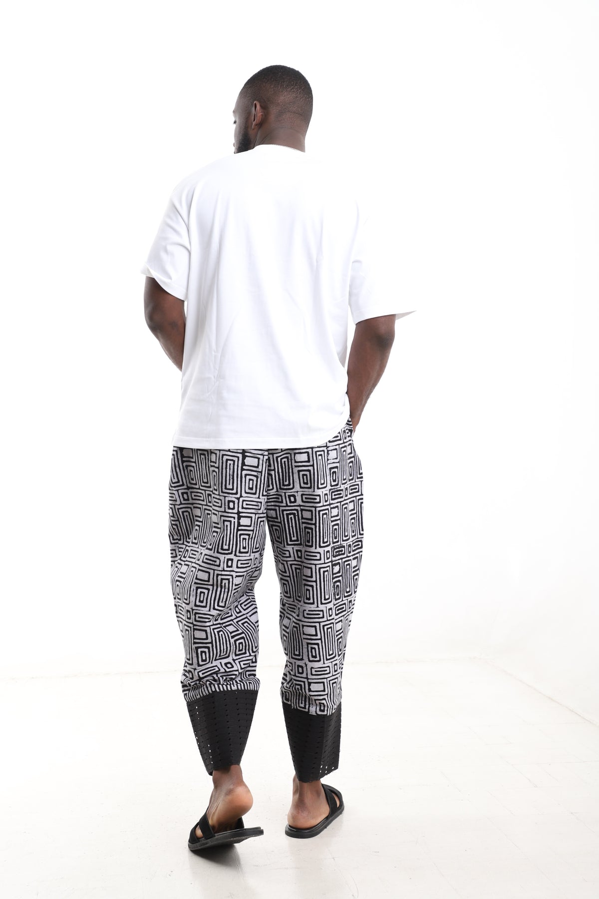 King Kaftan Geometric Print Adire Cotton Pants and T-Shirt Set – Back View – African men's fashion Nigeria