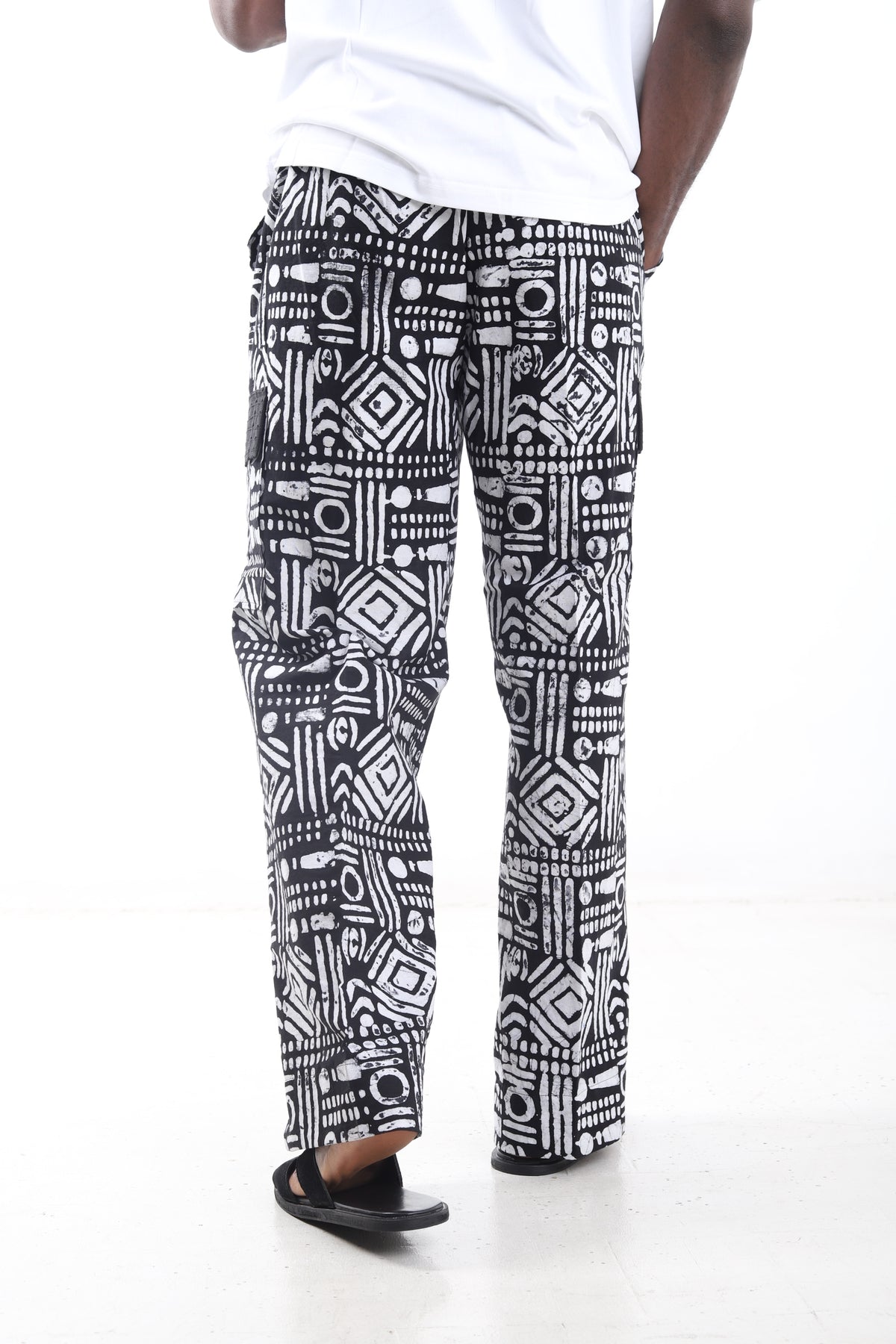 King Kaftan Geometric Print Cotton Adire Cargo Pants – Back View – African men's fashion Nigeria