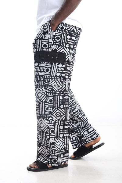 King Kaftan Geometric Print Cotton Adire Cargo Pants – Side View – African men's fashion Nigeria