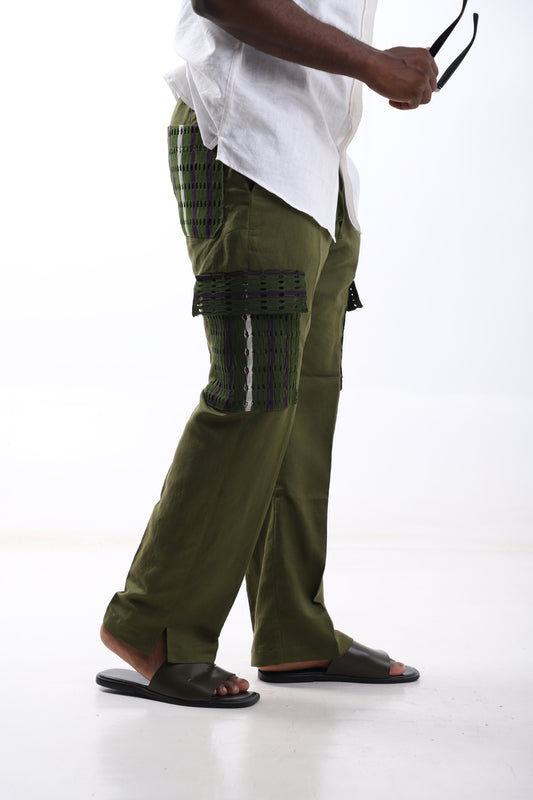 Olive Green Linen Cargo Trousers