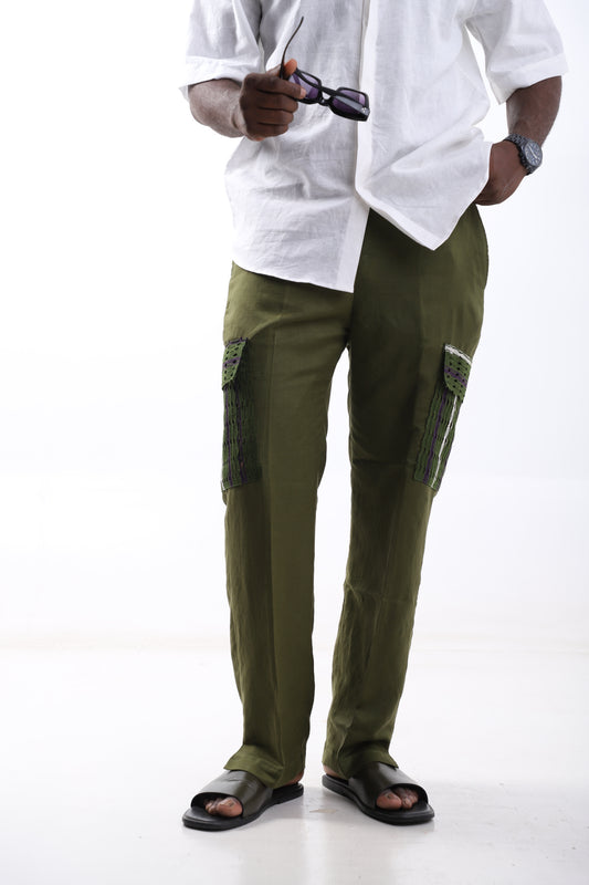 Olive Green Linen Cargo Trousers