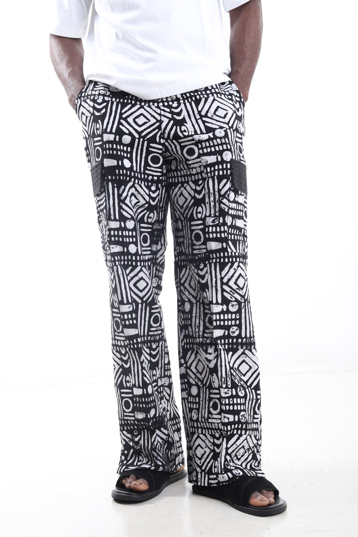 King Kaftan Geometric Print Cotton Adire Cargo Pants – Front View – African men's fashion Nigeria