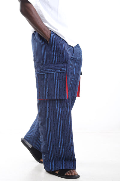 King Kaftan Striped Hand-Woven Aso-Oke Cargo Pants – Side View – African men's fashion Nigeria