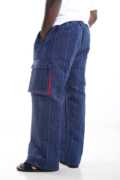 King Kaftan Striped Hand-Woven Aso-Oke Cargo Pants – Detail View – African men's fashion Nigeria