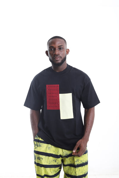 King Kaftan Patchwork Textured Cotton Black T-Shirt – Front View – African men's fashion Nigeria