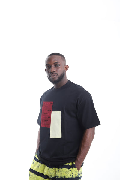 King Kaftan Patchwork Textured Cotton Black T-Shirt – Side View – African men's fashion Nigeria   