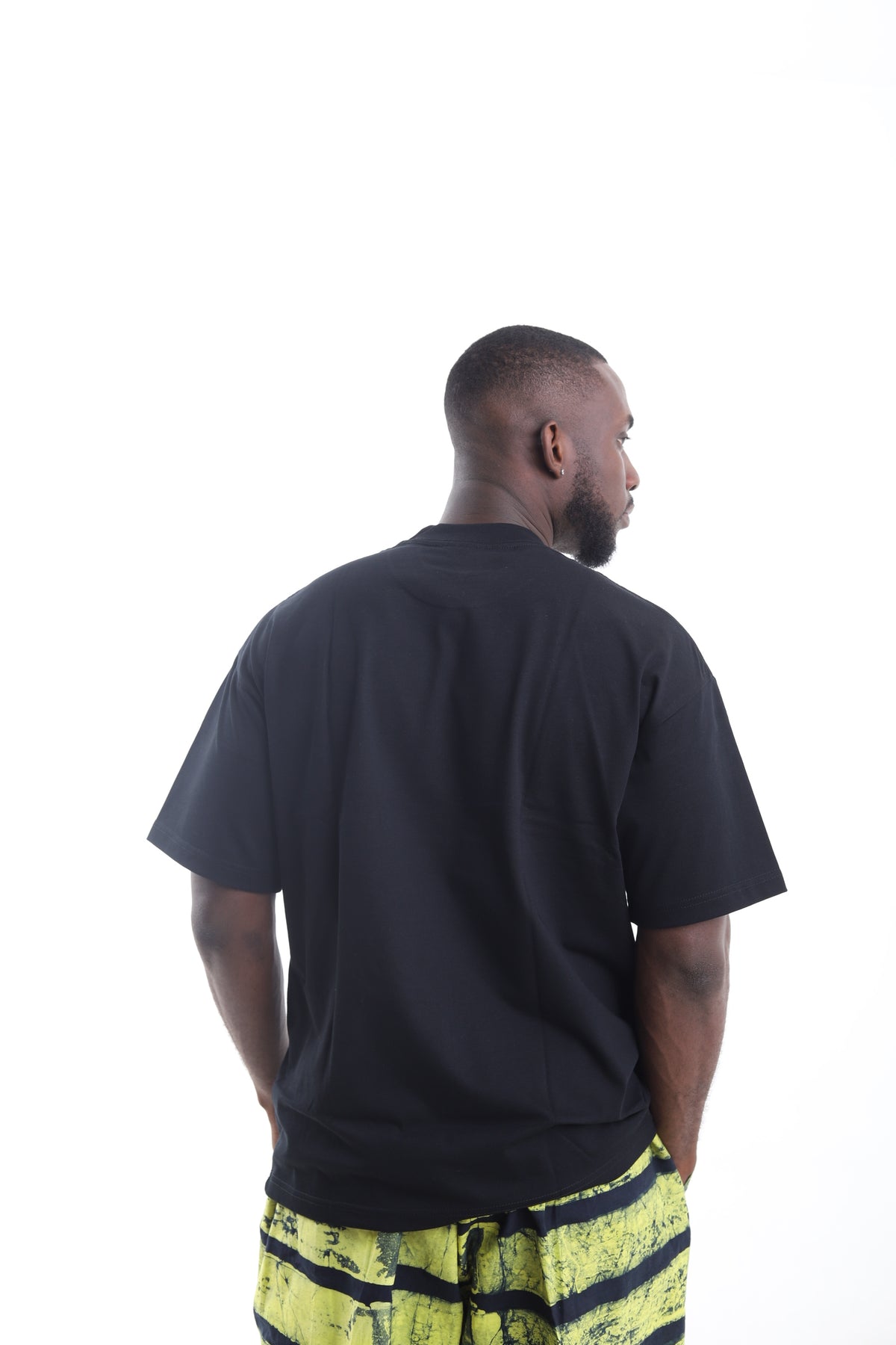 King Kaftan Patchwork Textured Cotton Black T-Shirt – Back View – African men's fashion Nigeria