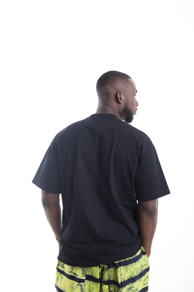 King Kaftan Patchwork Textured Cotton Black T-Shirt – Back View – African men's fashion Nigeria