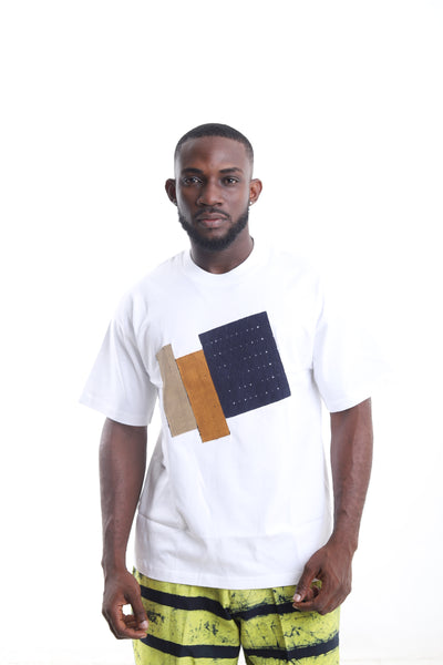King Kaftan Patchwork Textured Cotton White T-Shirt – Front View – African men's fashion Nigeria   