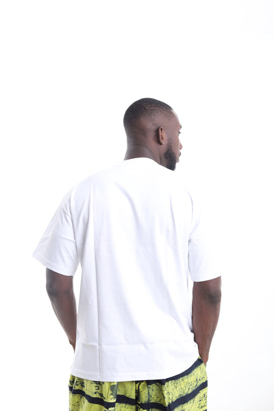 King Kaftan Patchwork Textured Cotton White T-Shirt – Back View – African men's fashion Nigeria   