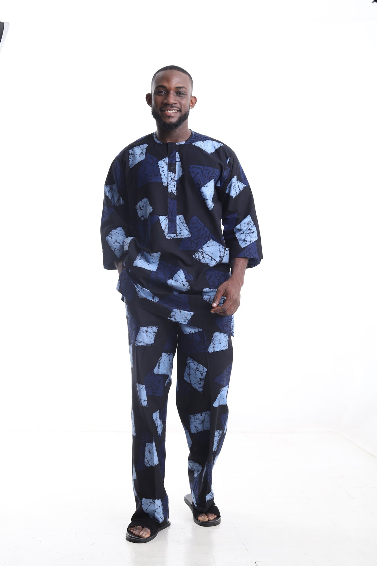 King Kaftan Geometric Print Cotton Adire Traditional Attire – Front View – African men's fashion Nigeria