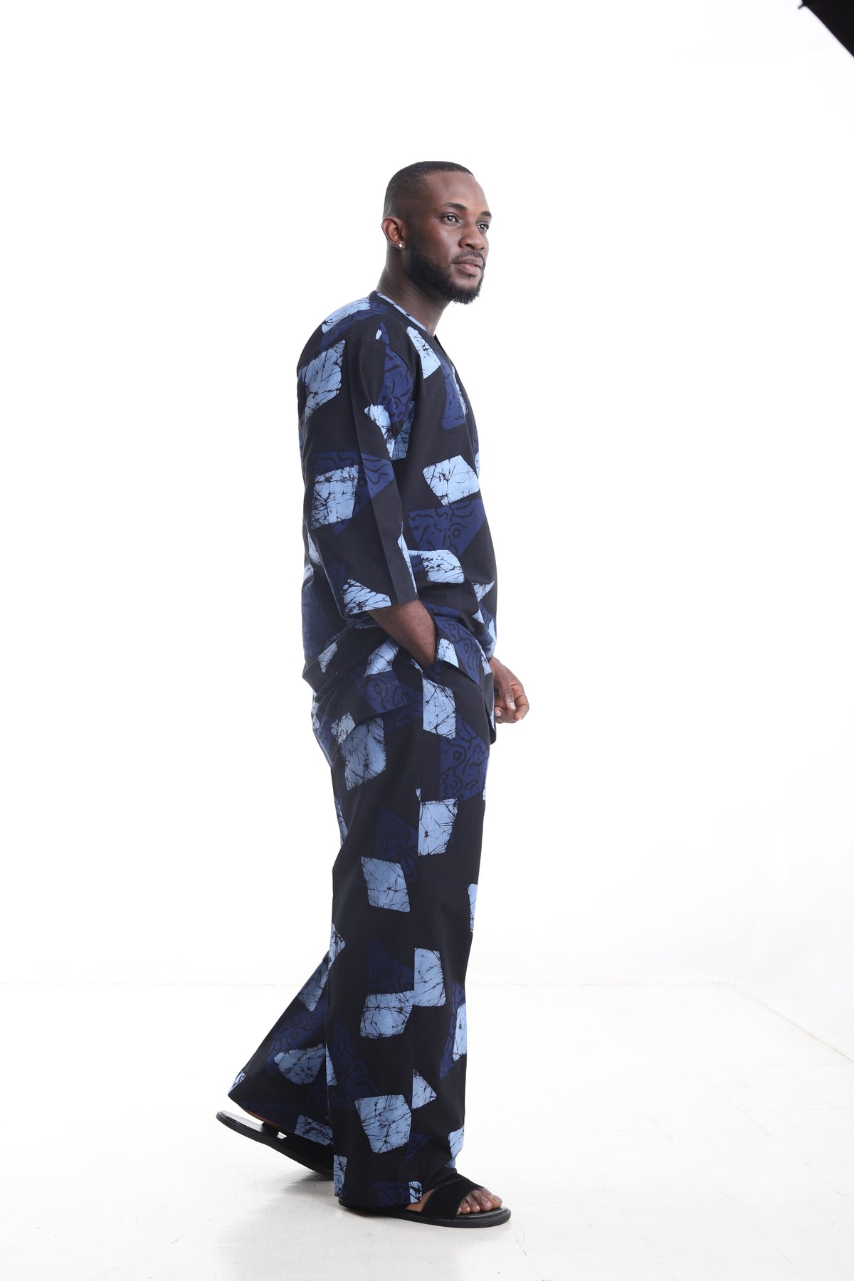 King Kaftan Geometric Print Cotton Adire Traditional Attire – Side View – African men's fashion Nigeria